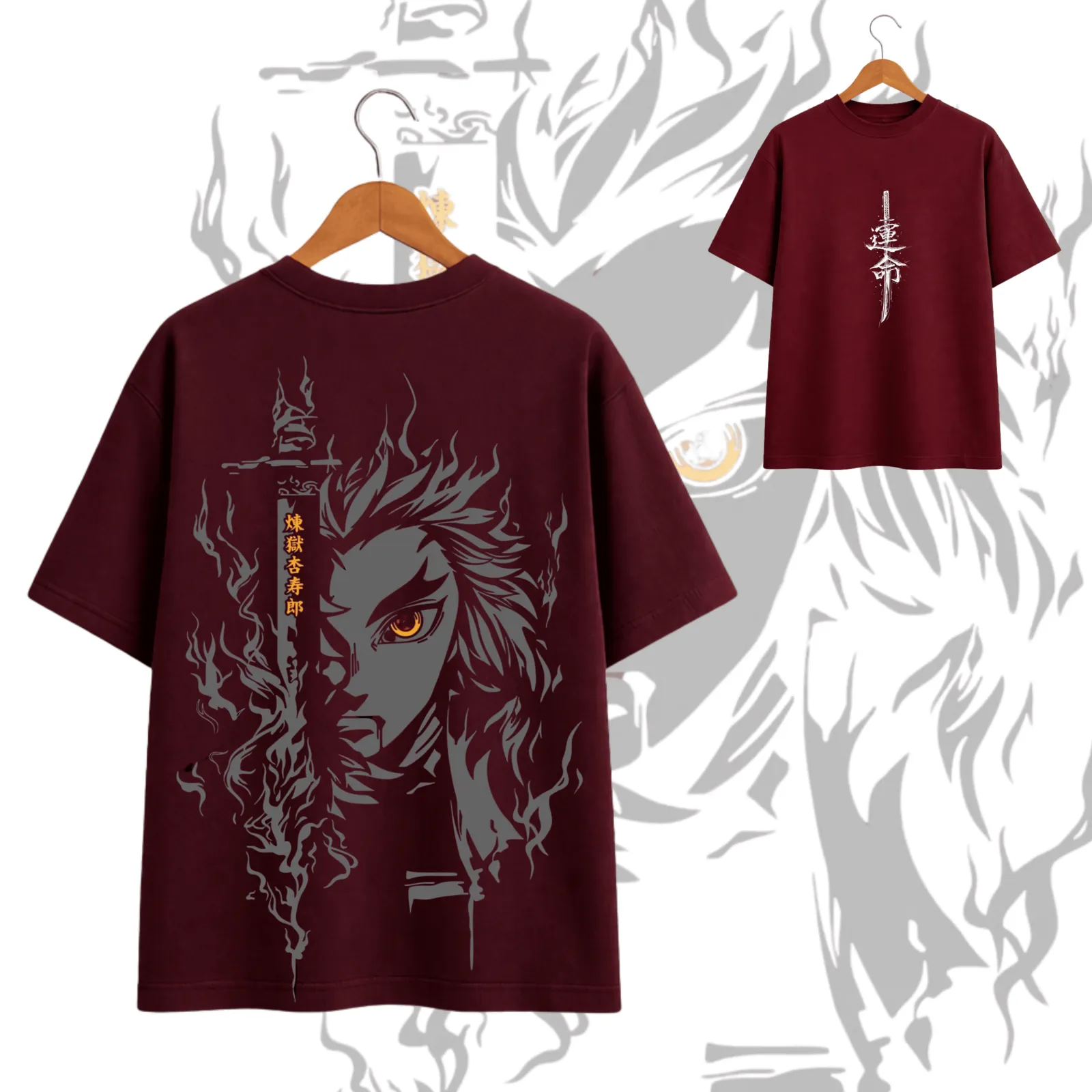 Rengoku Demon Slayer Maroon oversize Tshirt